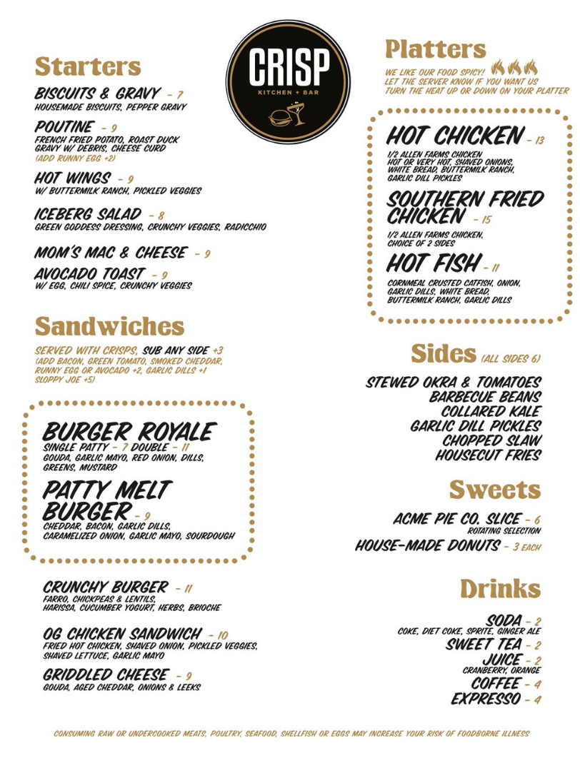 bloomingdale here's the current menu at Crisp Kitchen Bar