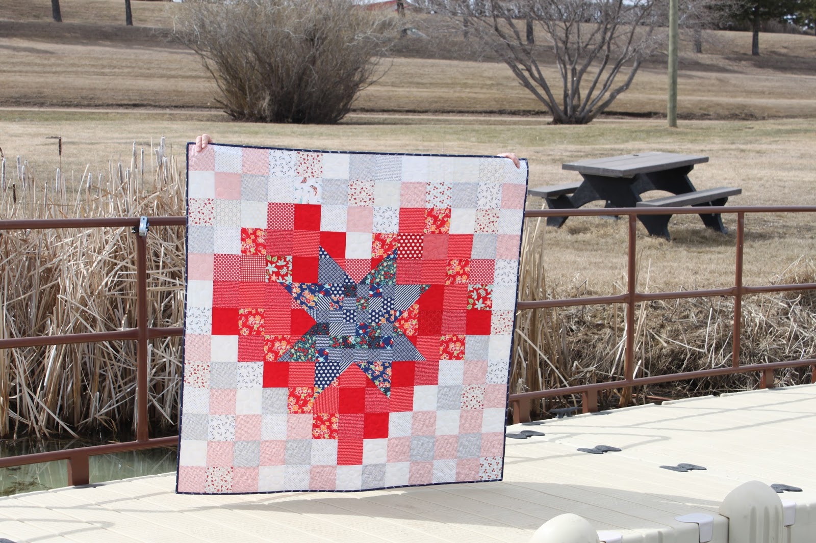 Daydreams of Quilts Pixel Star in a Pixel Heart Red White and Blue Quilt