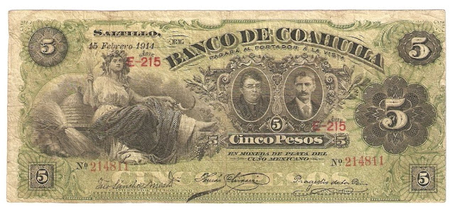 Bank notes of Mexico 5 Pesos banknote bill Banco de Coahuila