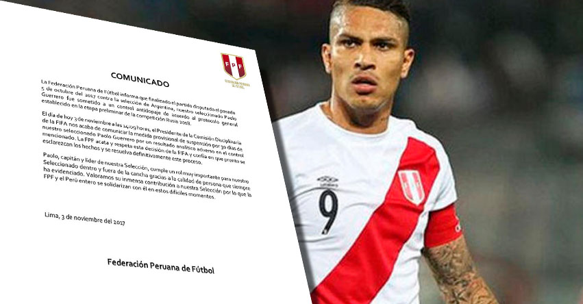 ES OFICIAL: Paolo Guerrero quedó suspendido por 30 días por la FIFA por resultados en las pruebas de antidopaje ES OFICIAL: Paolo Guerrero quedó suspendido por 30 días por la FIFA por resultados en las pruebas de antidopaje
