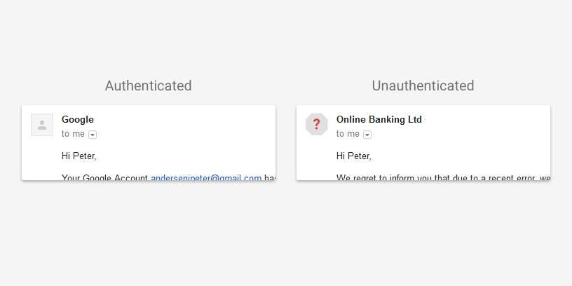 Ricevendo un messaggio che non può essere autenticato, Gmail mostra un punto di domanda al posto dell'icona relativa al mittente
