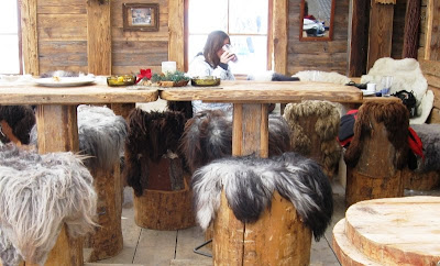 A mountain bar with fur-covered wooden stools and benches