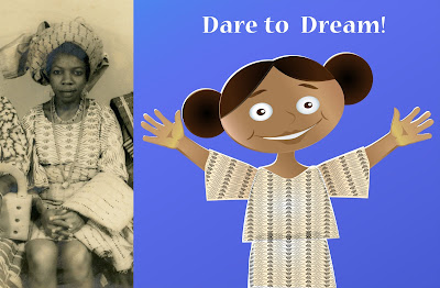 Photograph of young adult Adunni in traditional attire next to illustration of girl Adunni