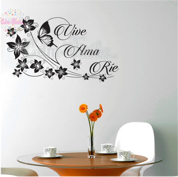 W429 - Vinilo Decorativo Mariposa Floral Frase RIE AMA VIVE | CDM