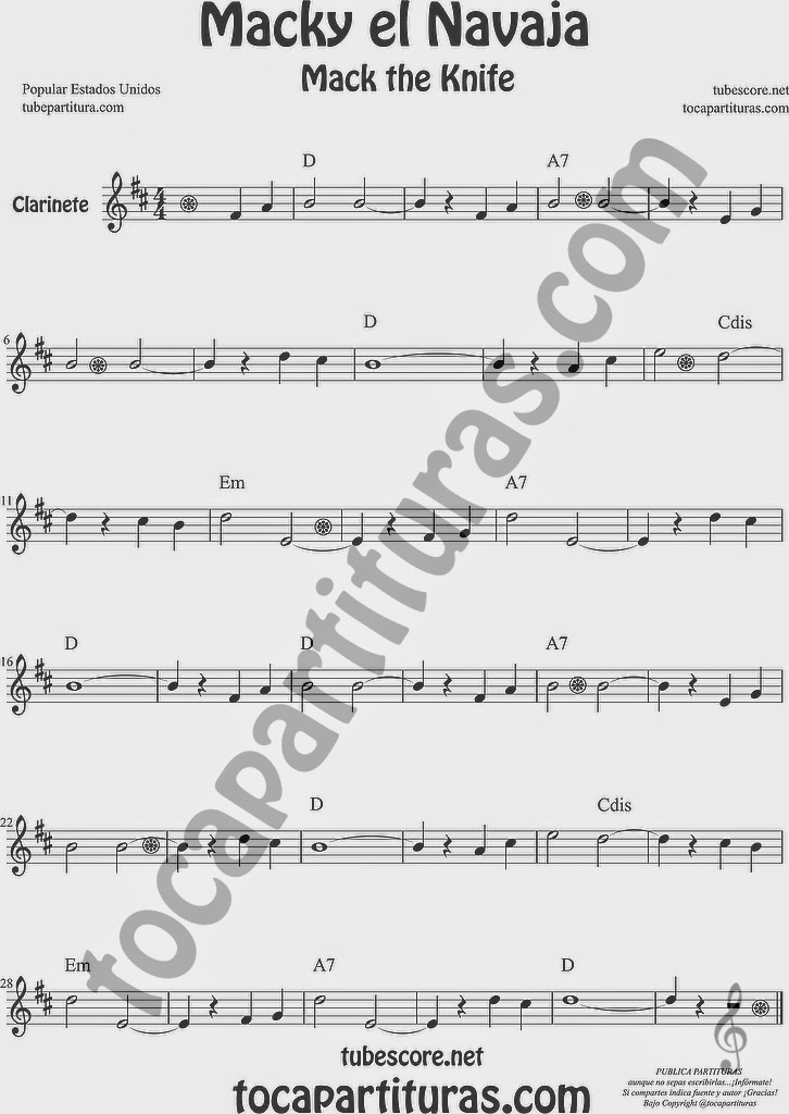  Macky el Navaja Partitura de Clarinete Sheet Music for Clarinet Music Score Mack the Knife de Kurt Weill 