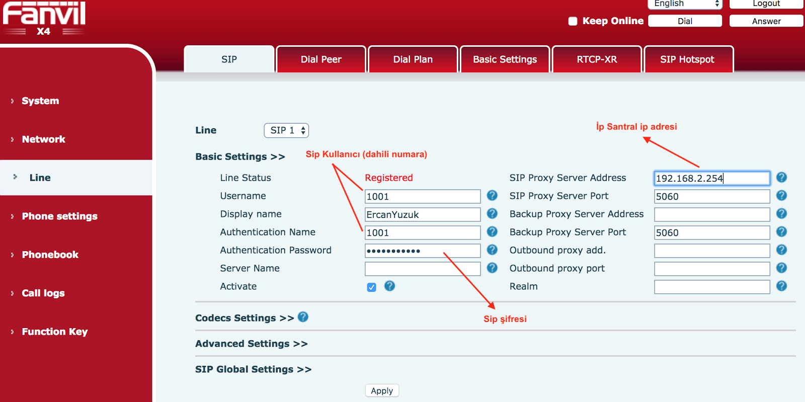 Fanvil ip Telefon ip Santral Ayarları (Sip Server Register )