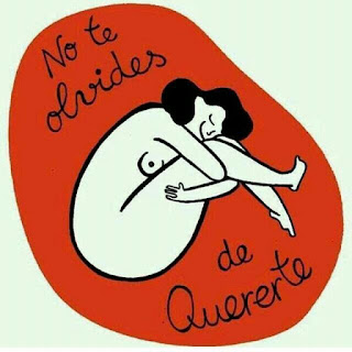 Caricatura de mujer en posición fetal con el mensaje de que no te olvides de quererte