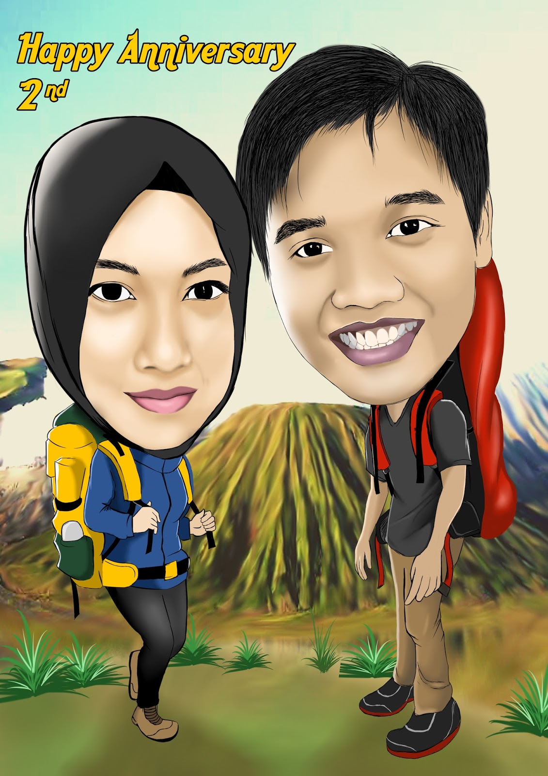 Karikatur dengan tema pendaki background gunung bromo, Karikatur dengan tema pendaki background gunung bromo,
