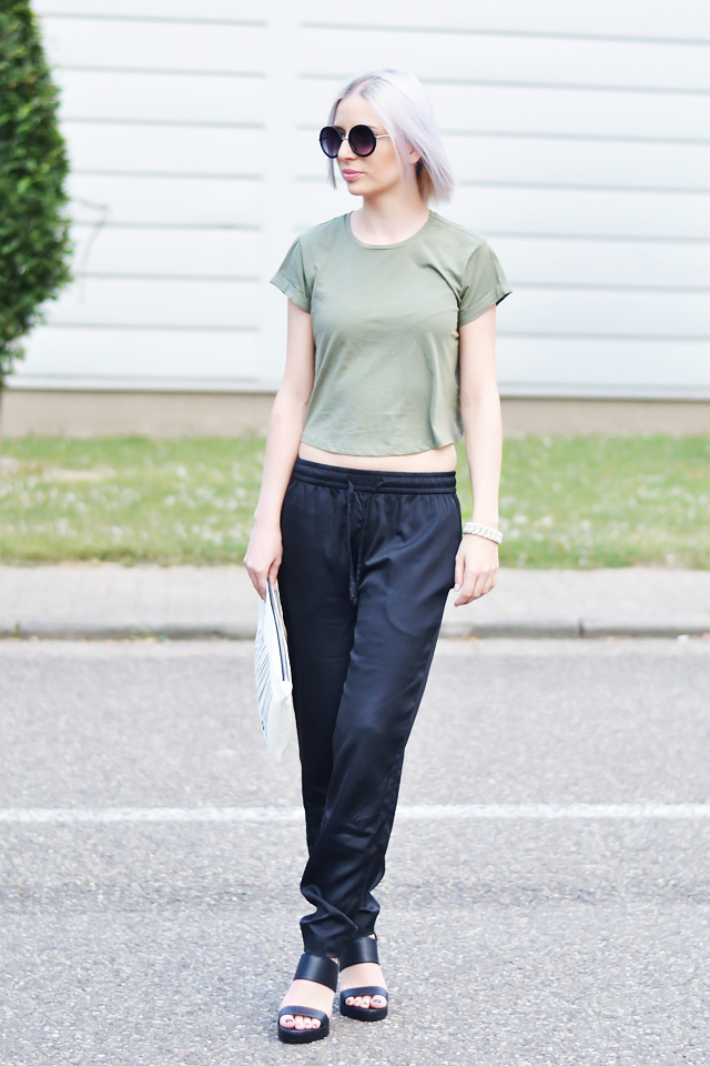 Outfit, ootd, crop top, asos, khaki green, round sunglasses, primark, silk trousers, baggy, black, stylish, new look, sandals, zara clutch, marc by marc jacobs bracelet, street style, summer, 2015