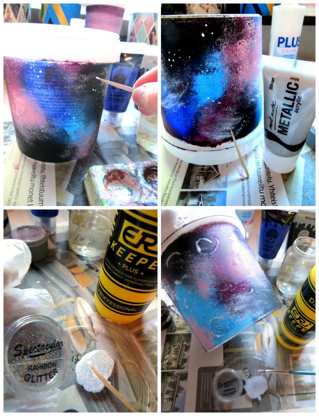 DIY galaxy home decor and desk organization. How to make a galaxy flower pot or pencil holder by recycling yogurt containers.