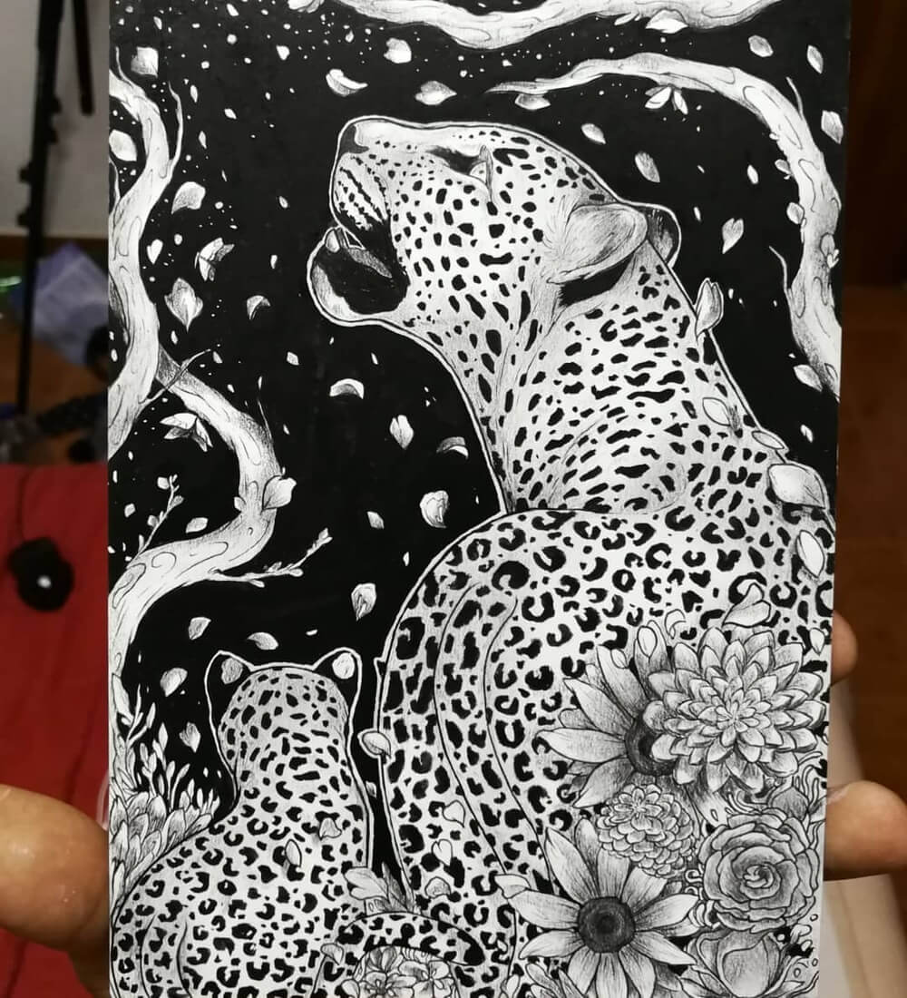 06-Leopard-and-her-Baby-Bráulio-Monteiro-Moleskine-Pen-and-Ink-Animal-Illustrations-www-designstack-co