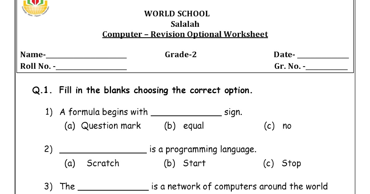 Birla World School Oman ICT Revision worksheet for Grade 2
