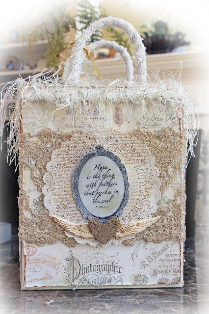 Scraps of Elegance scrapbook kits: Renea Harrison created this shabby chic angel wings gift bag with our Lisa's Sweet September Kit.