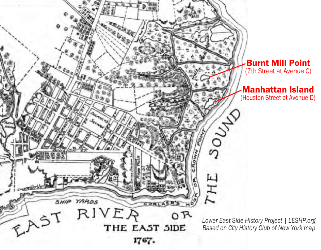 1767 Map  Manhattan Island Burnt Mill Point 