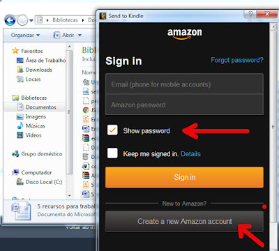 Send to Kindle para PC Tela de login