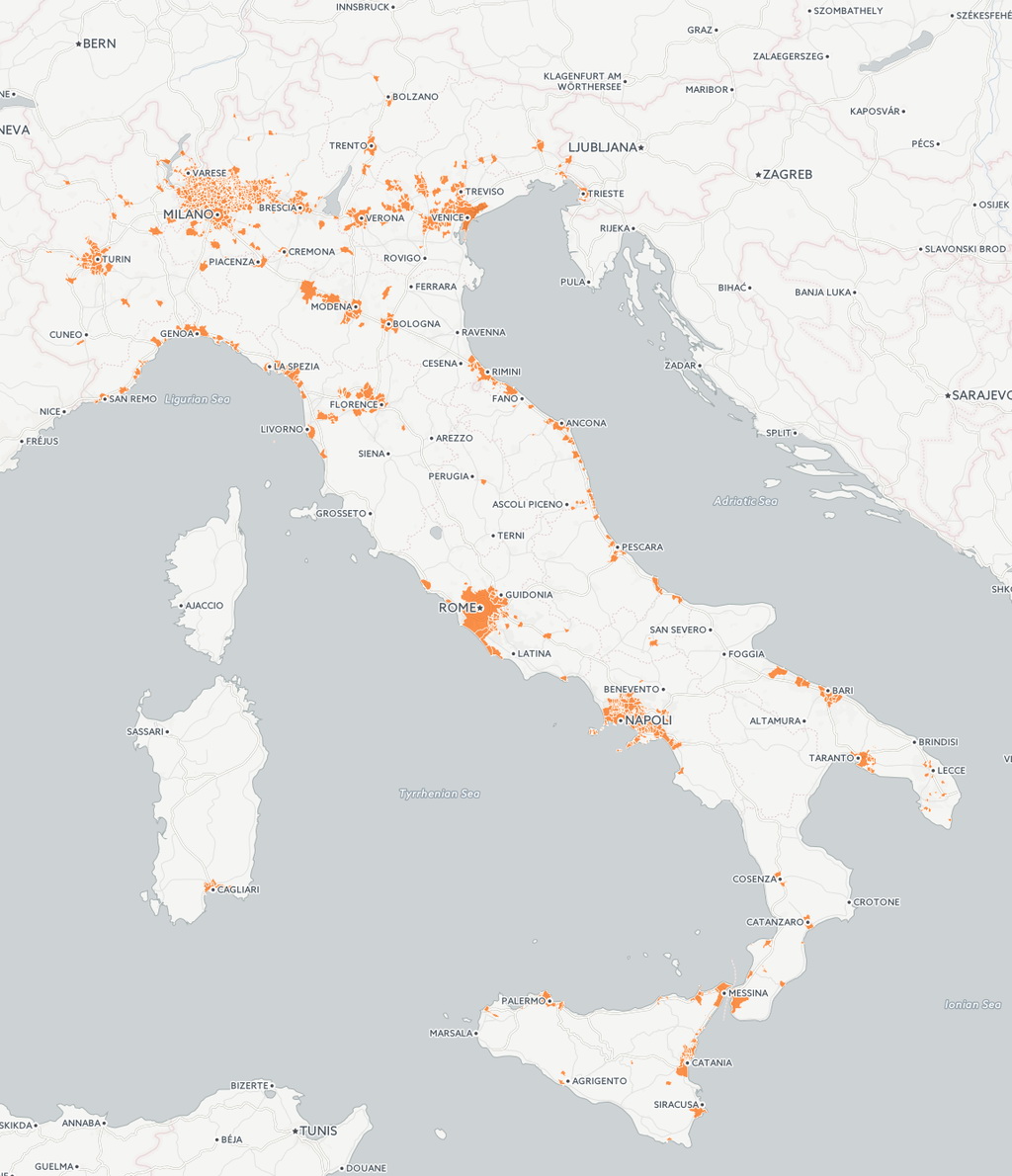 Half the population of Italy lives in the yellow area