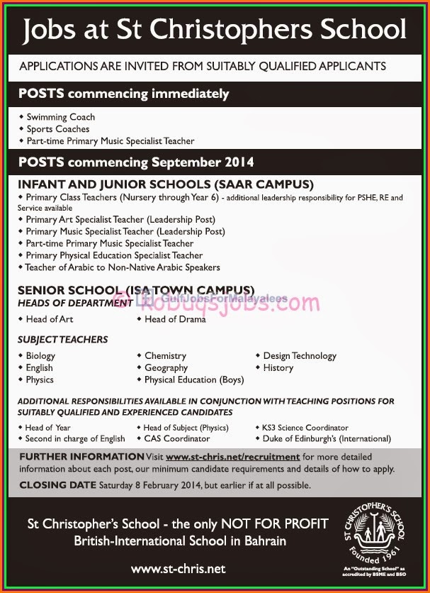 Jobs At St Christopher S School Bahrain