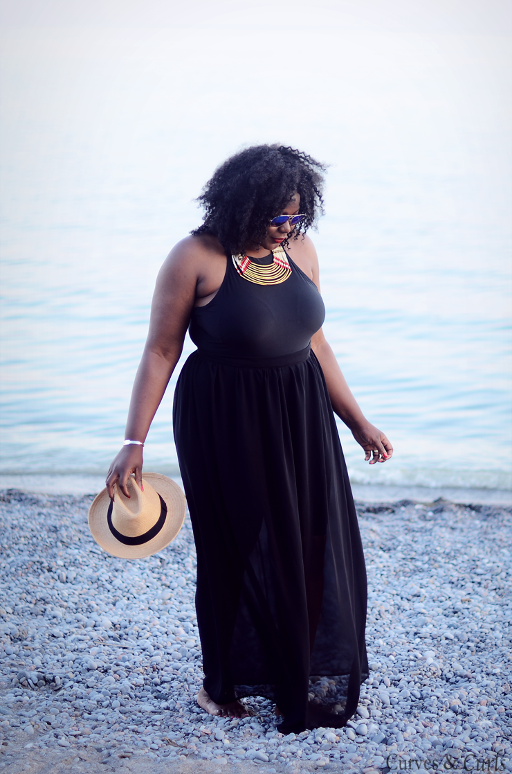 Turn your swimsuit into something fancy and wear it right from the beach to dinner. #Closetremix #swimwear #beachstyle #plussize #maxi skirt #allblackoutfit #mycurvesandcurls