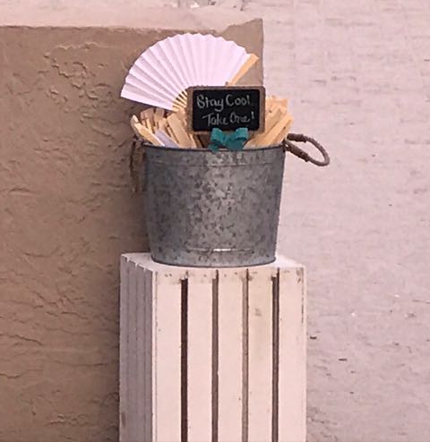 outdoor wedding, hand fans, beach wedding, wooden crates