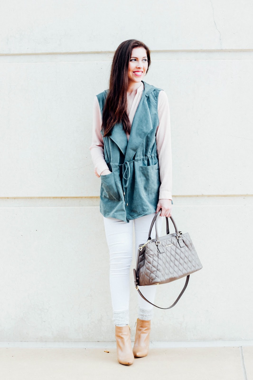 white denim, fashion blogger, olive suede vest, FOI clothing, cute fall outfit, how to wear white in the fall, LOFT tunic, pretty in the pines blog, Sam Edelman Karen Booties, Nordstrom Crew socks