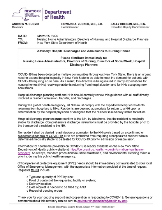 New York Department Of Health Directive to Nursing Homes Mandating Admission of Coronavirus-Infected Patients, 25 March 2020