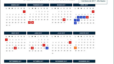 Calendario 2017. Feriados en Argentina. Días no laborables. 