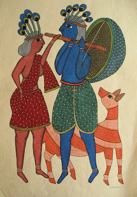 Gond painting of a Flute Player with blue skin and wearing a peacock plumes head-dress