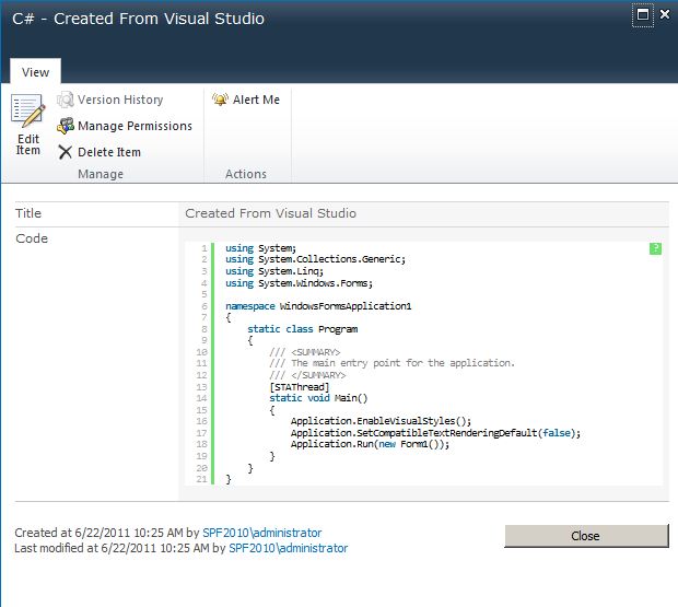 Likol Lee Visual Studio 2010 SharePoint 2010 Send Code To SharePoint