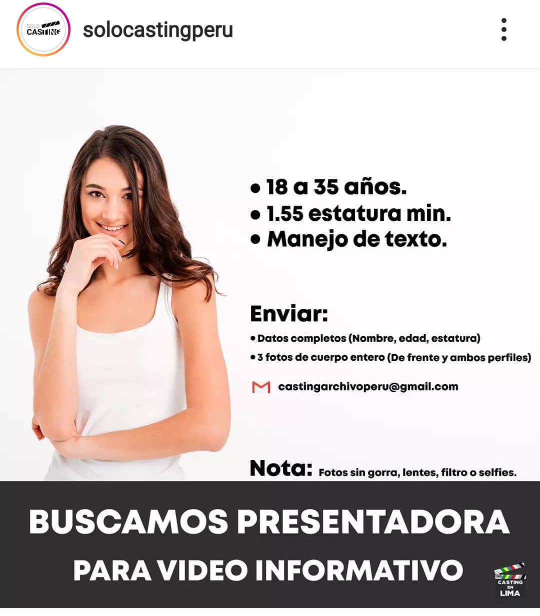 CASTING EN PERÚ Se busca presentadora entre 18 y 35 años para video