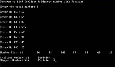 Program to find Smallest and Biggest Number with it's position in C ...