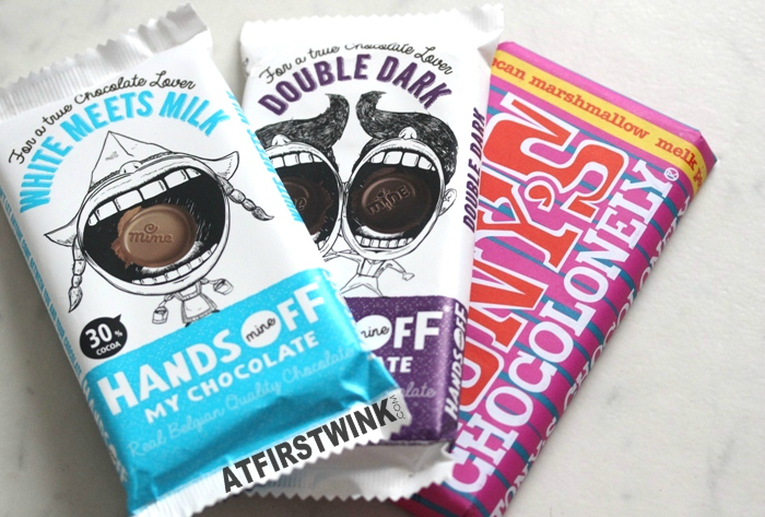 chocolate bars: Hands off my chocolate (White Meets Milk and Double Dark) and Tony Chocolonely (milk chocolate pecan marshmallow)