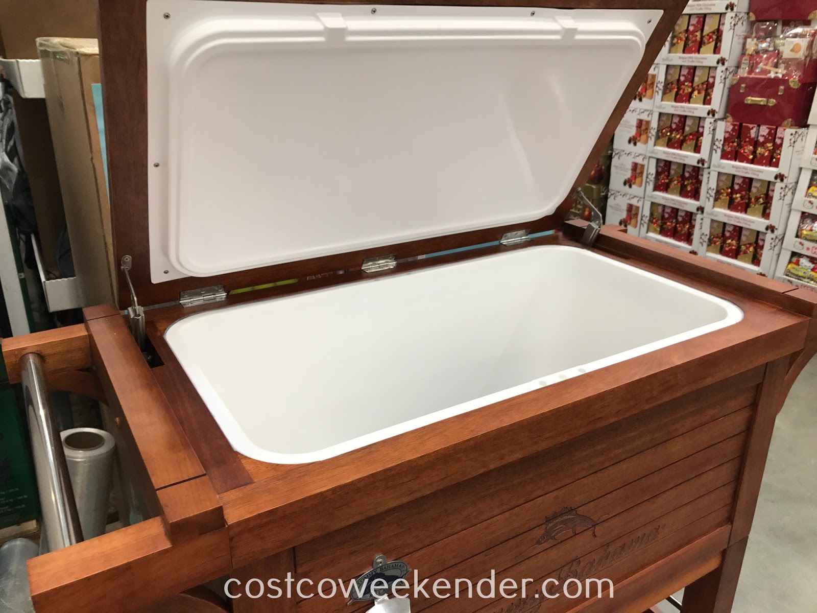 Tommy Bahama 100qt Wood Rolling Cooler | Costco Weekender
