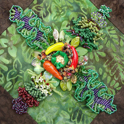 bead embroidery by Robin Atkins, bead journal project, garden, center detail