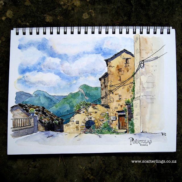 Puertolas, Pyrenees, Spain. Watercolour urban sketch of old Roman town.