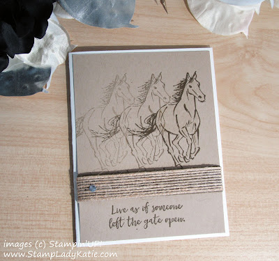 Card shows the stamping off technique used to create the illusion of motion. Horse is from Stampin'UP!'s "Let It Ride" stamp set
