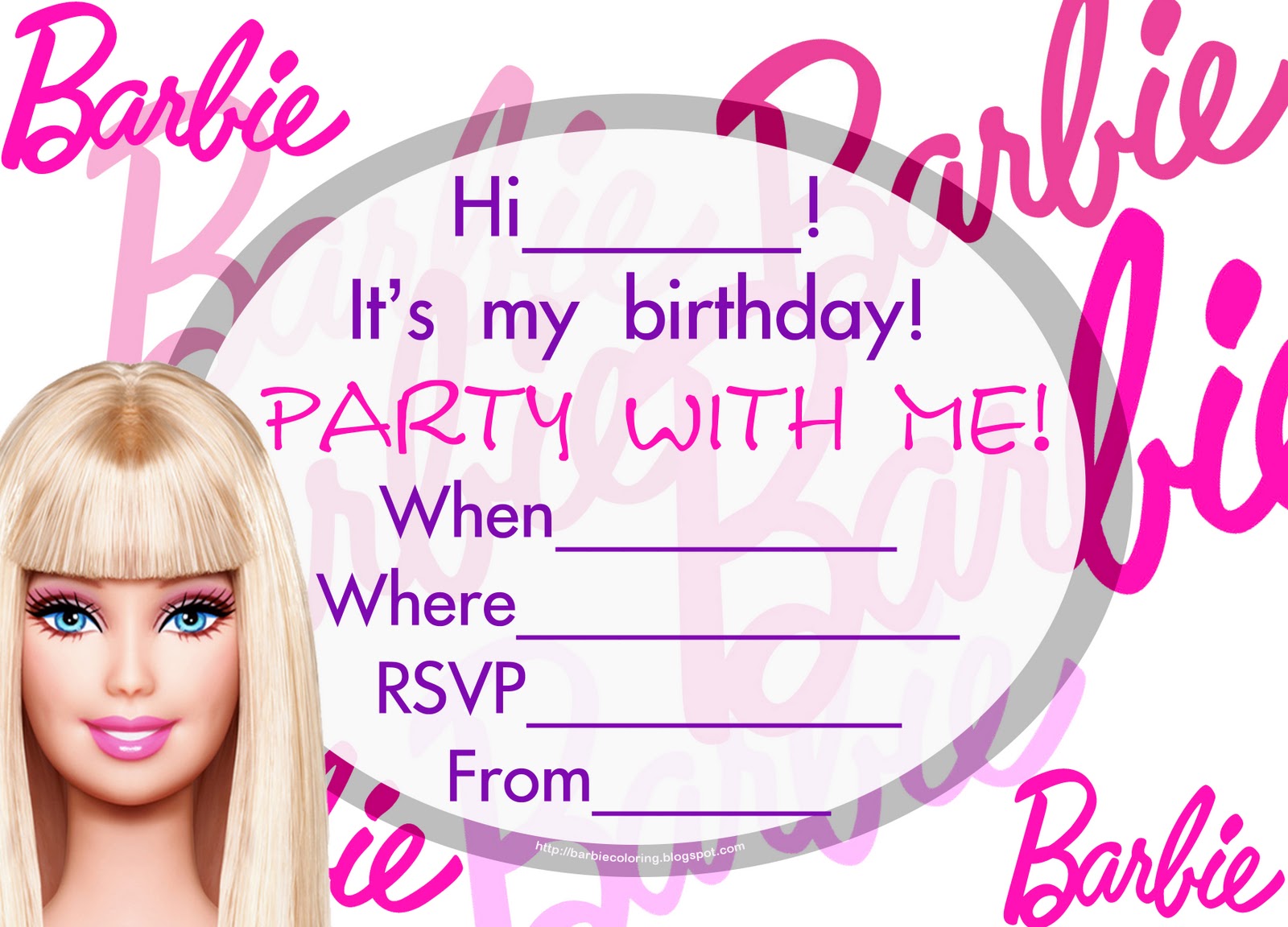 BARBIE COLORING PAGES PINK BARBIE PARTY INVITATIONS TO PRINT FOR FREE