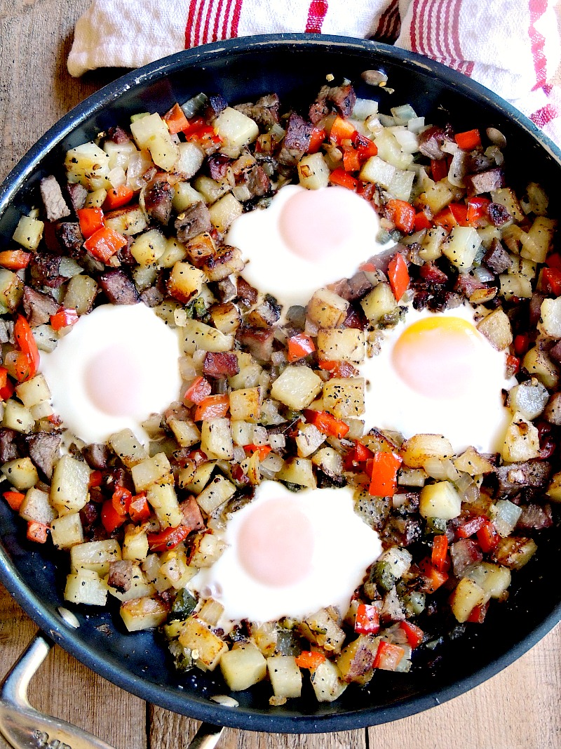 Give that leftover steak a makeover with this Skillet Steak and Eggs Hash from www.bobbiskozykitchen.com