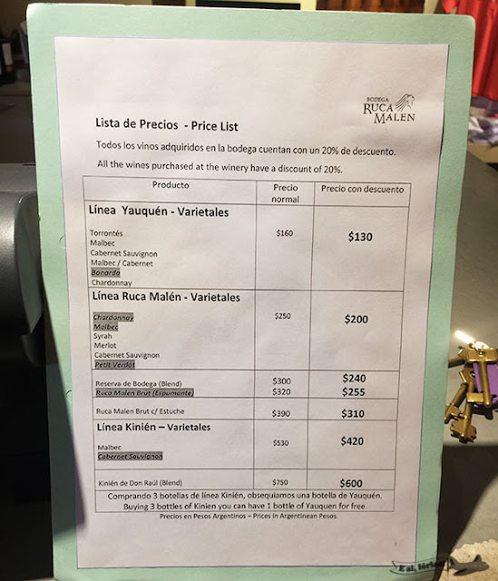 Ruca Malen, Bodeca, Mendoza, Argentina, Price List, Lista de Precios