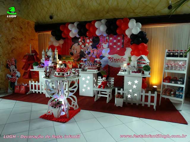 Decoração mesa para festa de aniversário infantil de 1 ano tema Minnie Mouse vermelha