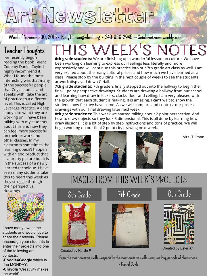 Geisler Art Room Art Newsletter Week of Nov. 30th