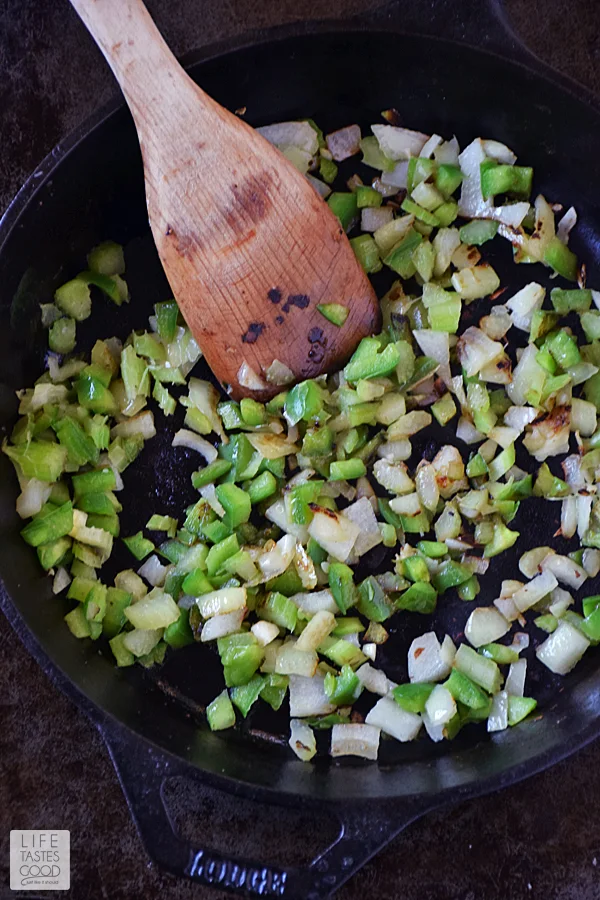 Starting the Skillet Jambalaya Dip by sauteing the trinity of vegetables in the skillet