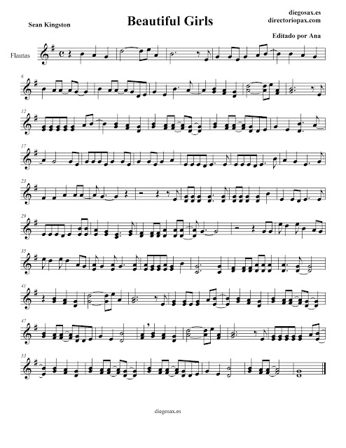 Partitura Beautiful Girls de Sean Kingston para FLAUTA - sheet music flute - También sirve para violín, oboe u otro instrumento afinado en do.