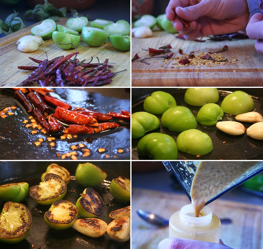 Carne and Papas Pan Toasted Arbol Chile and Tomatillo Salsa