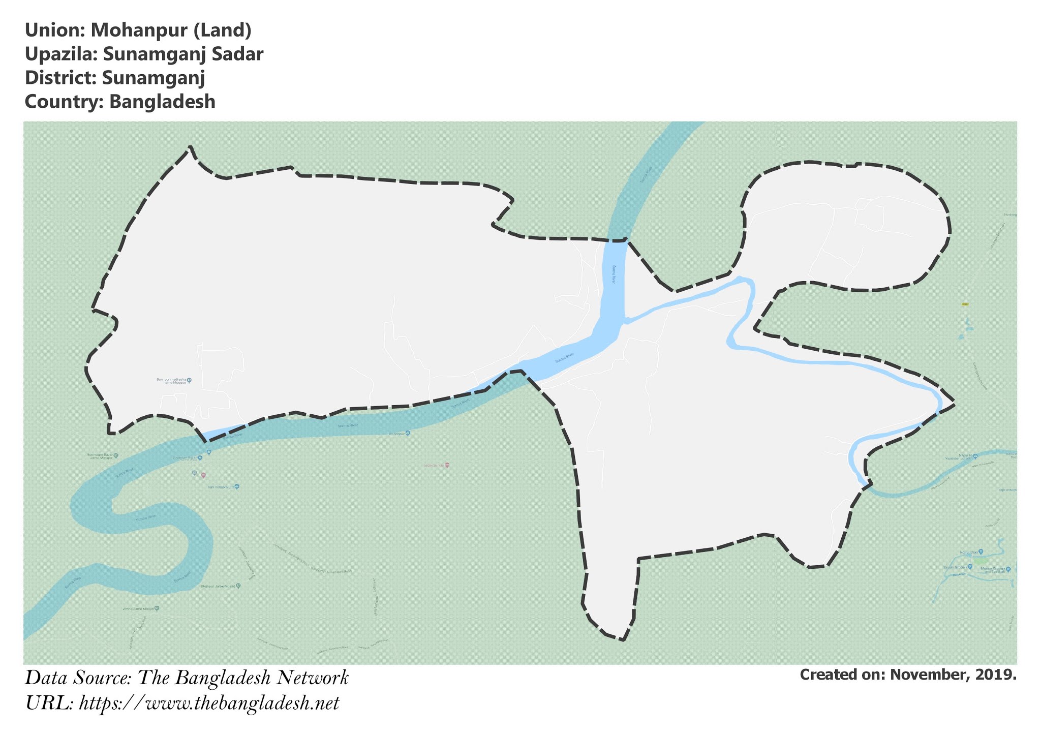 Map of Mohanpur of Sunamganj, Bangladesh.