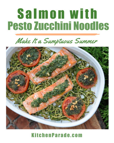 Salmon with Pesto Zucchini Noodles & Warm Tomatoes, another Quick Supper ♥ KitchenParade.com. High Protein. Low Carb. Gluten Free. Paleo. WW Weight Watchers Friendly. Whole30 Friendly.