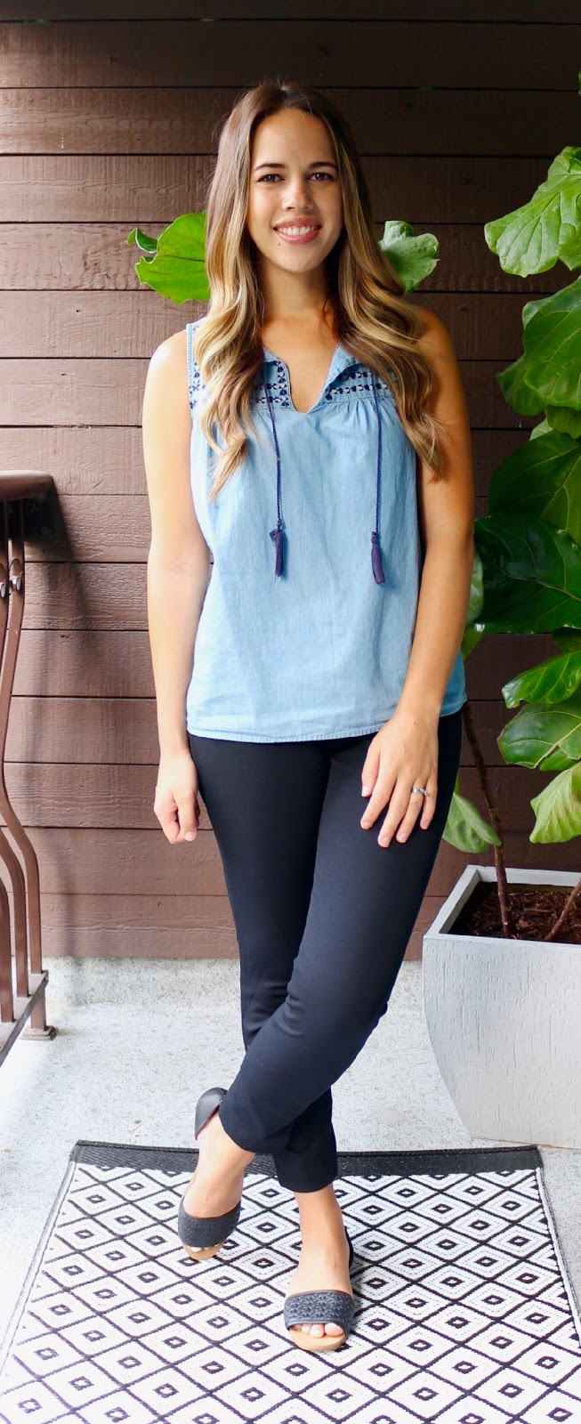Jules in Flats - Chambray Tassel Top with Pixie Pants (Business Casual Summer Workwear on a Budget)