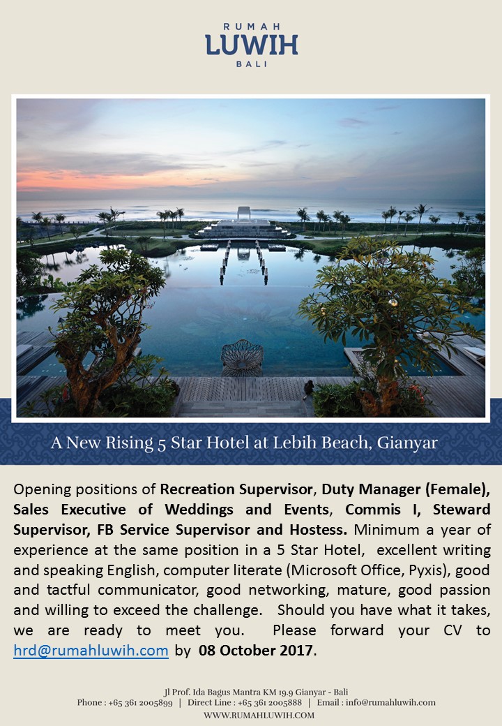 Bali Job Vacancy - Hhrmabali: HHRMA~Bali VACANCIES AT RUMAH LUWIH