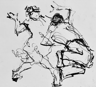 Line Jive - ink figurative drawing of dancers Abstract varied black ink lines on white paper depicting jive dancers