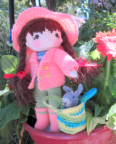 Crochet pattern amigurumi doll girl in coat and hat with bunny