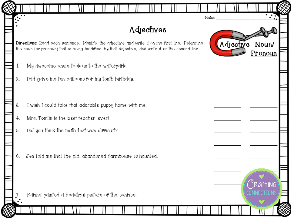 Adjectives Craftivity- includes worksheets and a teaching poster! How are adjectives like magnets? Adjectives are attracted to nouns!